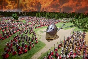 historyland w poznaniu wystawa budowli z klocków lego hełm rycerz bitwa pod grunwaldem makieta miniatura grunwald