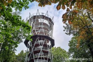 Wzgórze Gedymina i wieża widokowa w Szczawnie-Zdroju górna część wieży otoczona liśćmi szczawno-zdrój atrakcje