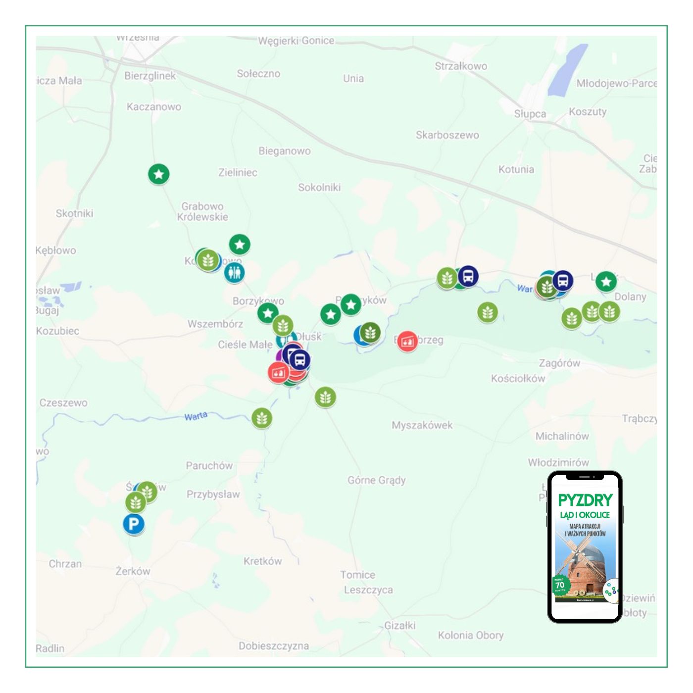 podgląd interaktywnej mapy ciekawych miejsc i atrakcji pyzdry i ląd
