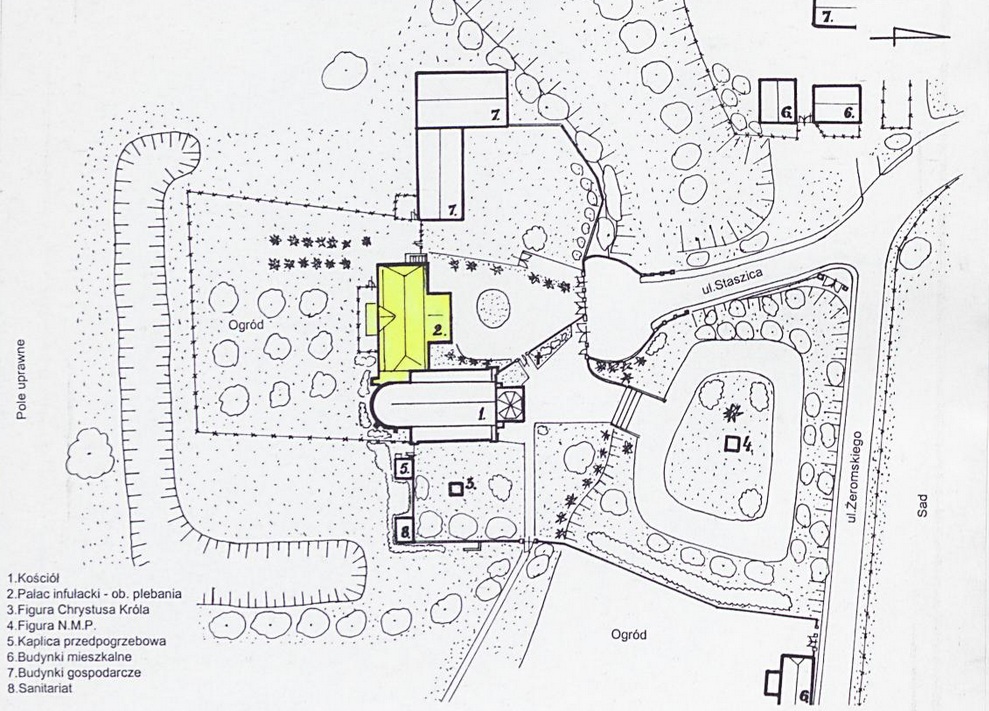 Plan dawnej wyspy zamkowej w Choczu (źródło: Karta Ewidencyjna Zabytków Architektury i Budownictwa z 1954 r.)